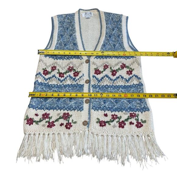 Margules Womens Vest Sweater Cardigan M Blue Knit Boho Fringes Grandmacore - Picture 9 of 10